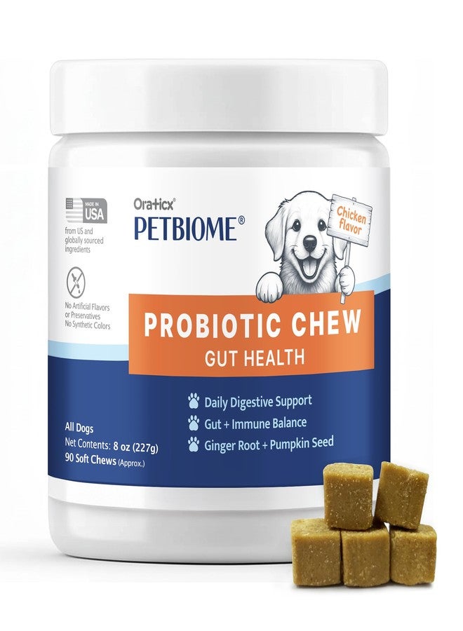 Oraticx PetBiome Probiotic Chew for Dogs - Supports Daily Digestive Health, Gut Balance, and Immune System - with Ginger Root, and Pumpkin Seed - Chicken Flavor, 90 Soft Chews - Image 1